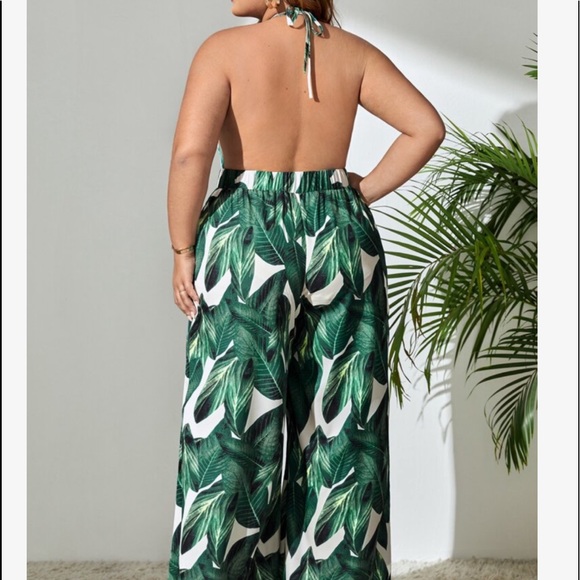 Boho Tropical Print Wide Leg Pants Backless Jumpsuit Green - Picture 3 of 8